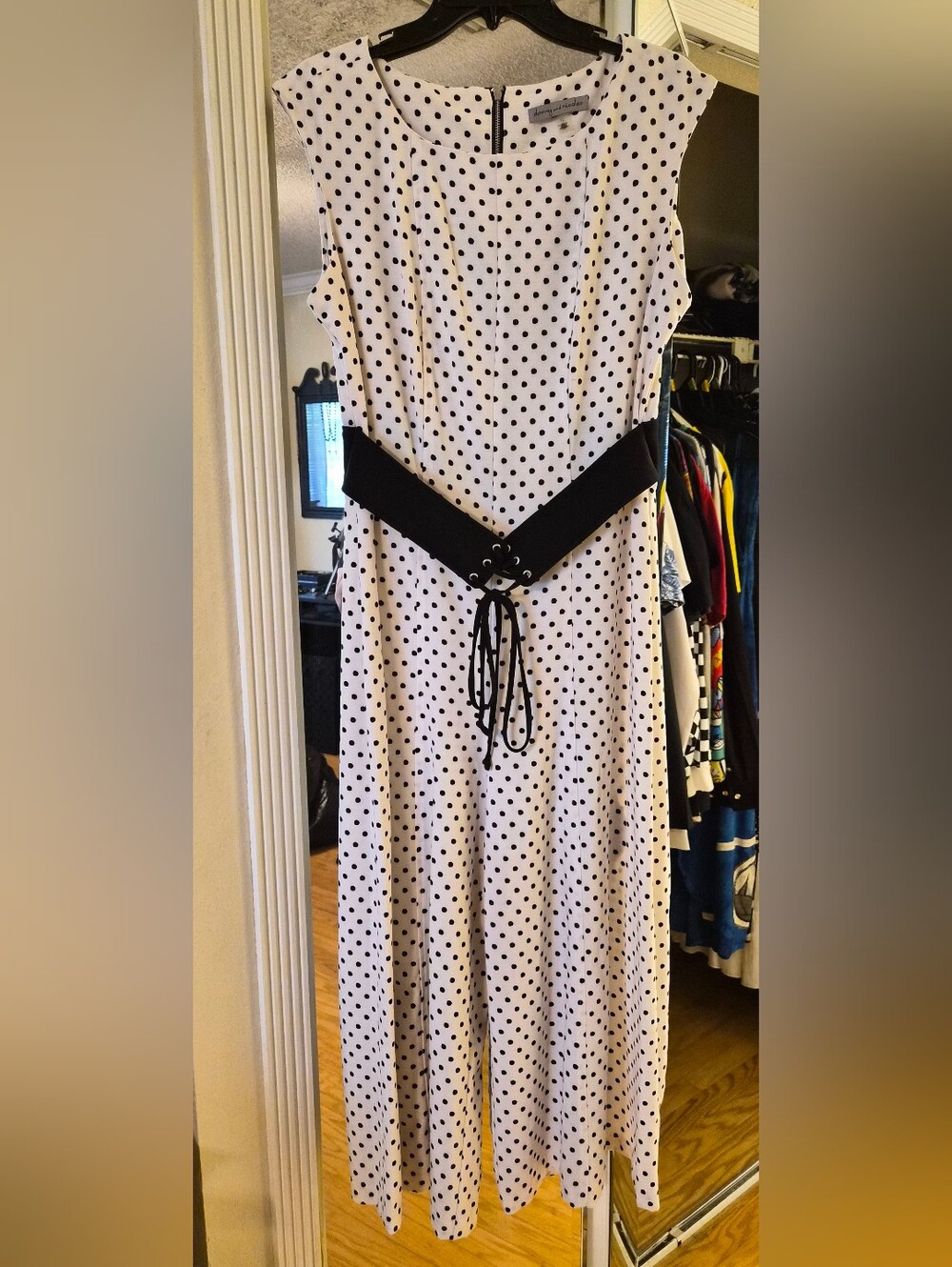 Danny & Nicole White Polka Dot Sleeveless Jumpsuit with Black Waist Lace-Up